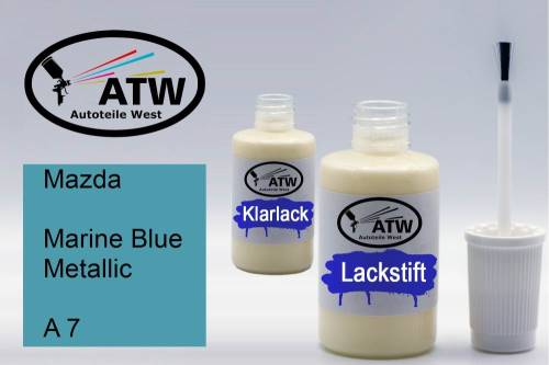 Mazda, Marine Blue Metallic, A 7: 20ml Lackstift + 20ml Klarlack - Set, von ATW Autoteile West.